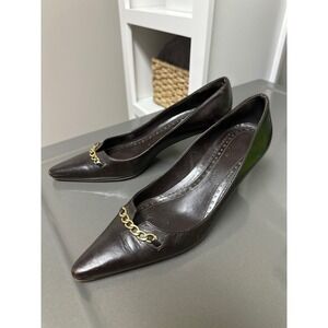Brooks Brothers Womens Dark Brown Leather Pointed Toe Gold Tone Chain Heels SZ 7